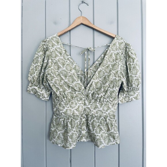 NWT J. Crew V-Neck Puff Sleeve Top 0 Ornate Paisley Green Cotton NEW BL087 - Picture 1 of 8